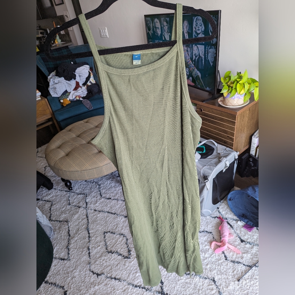 High neck racer back dress with side slits, olive green, 2X